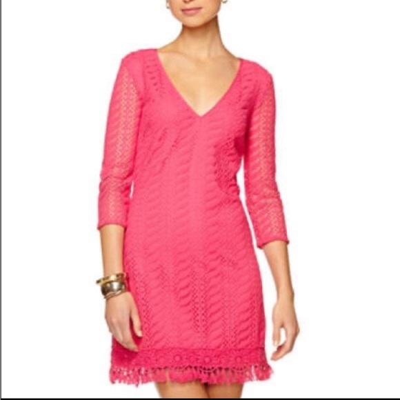 Lilly Pulitzer Dresses & Skirts - Lilly Pulitzer Seminole Knit Pomegranate Pink Crochet Lace Dress Women's Sz M